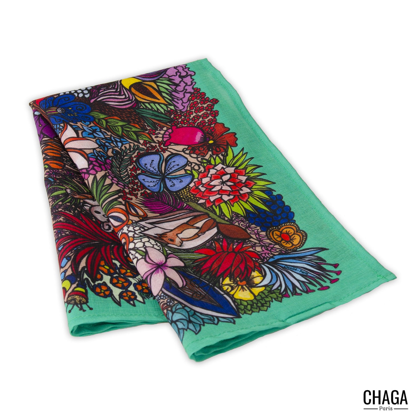 Foulard en voile léger 47 X 47 CHAGA Paris - Motif Jungle vert clair