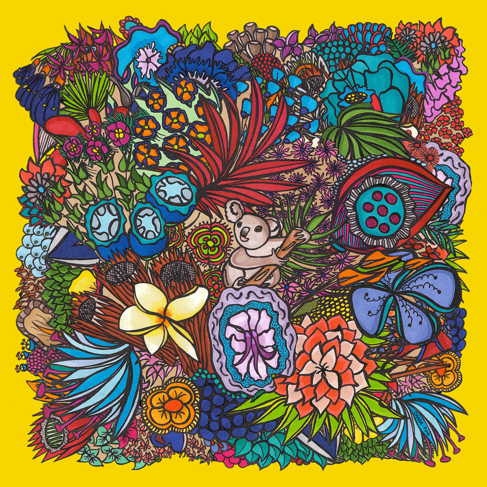 Foulard en voile léger 47 X 47 CHAGA Paris - Motif Koala jaune