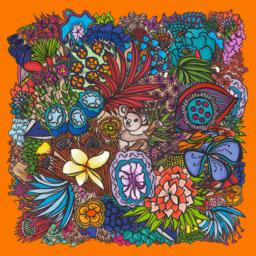 Foulard en voile léger 47 X 47 CHAGA Paris - Motif Koala orange