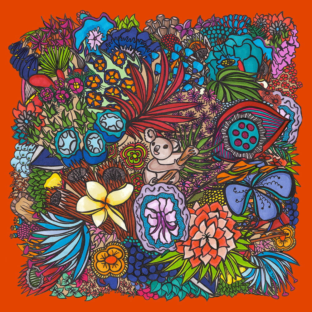 Foulard en voile léger 47 X 47 CHAGA Paris - Motif Koala rouge