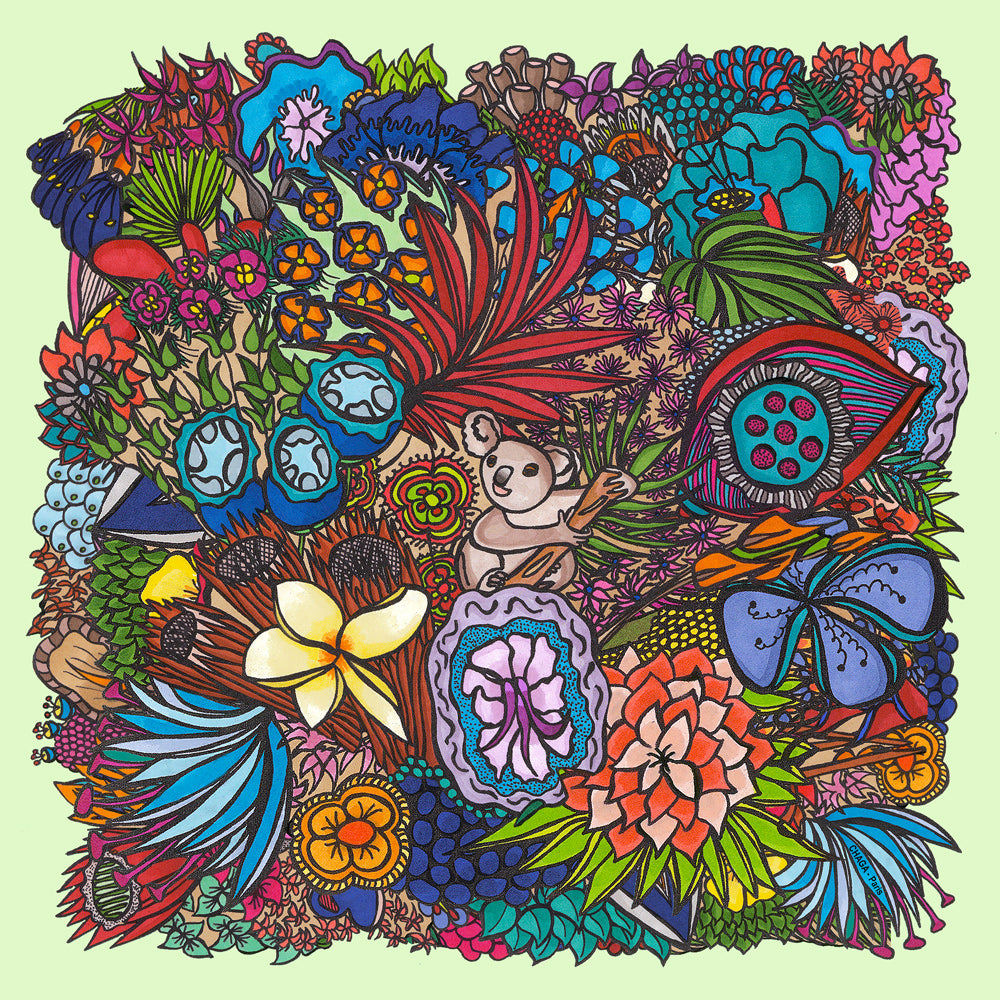 Foulard en voile léger 47 X 47 CHAGA Paris - Motif Koala vert d'eau