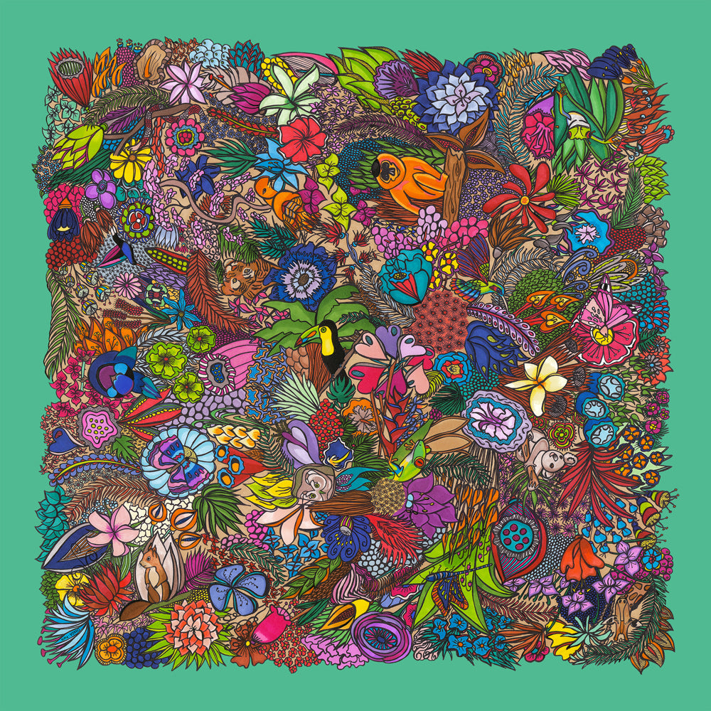 Foulard en voile léger 47 X 47 CHAGA Paris - Motif Jungle vert clair