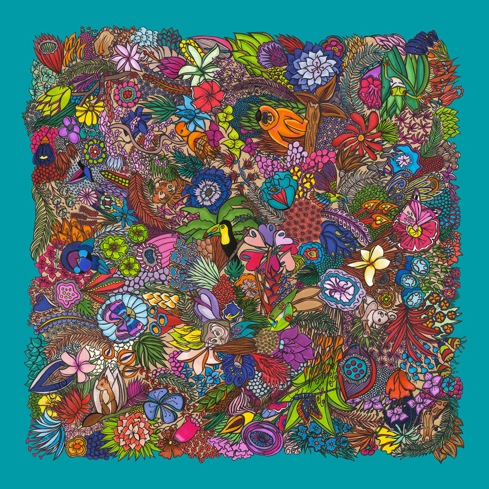 Foulard en voile léger 47 X 47 CHAGA Paris - Motif Jungle vert original
