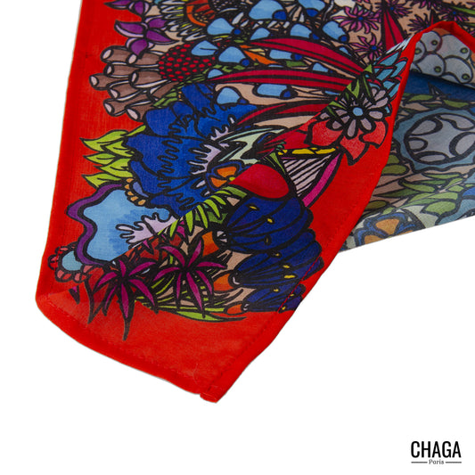 Foulard en voile léger 47 X 47 CHAGA Paris - Motif Toucan rouge