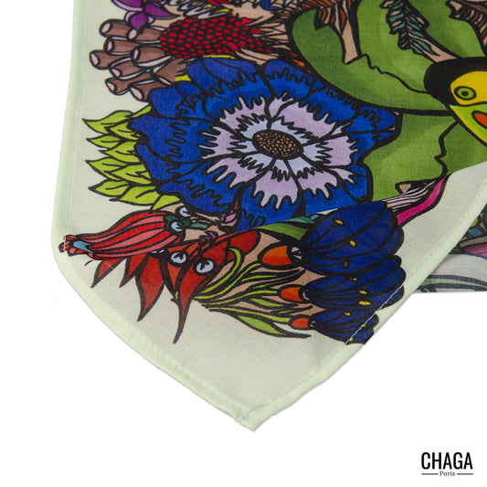 Foulard en voile léger 47 X 47 CHAGA Paris - Motif Toucan vert d'eau