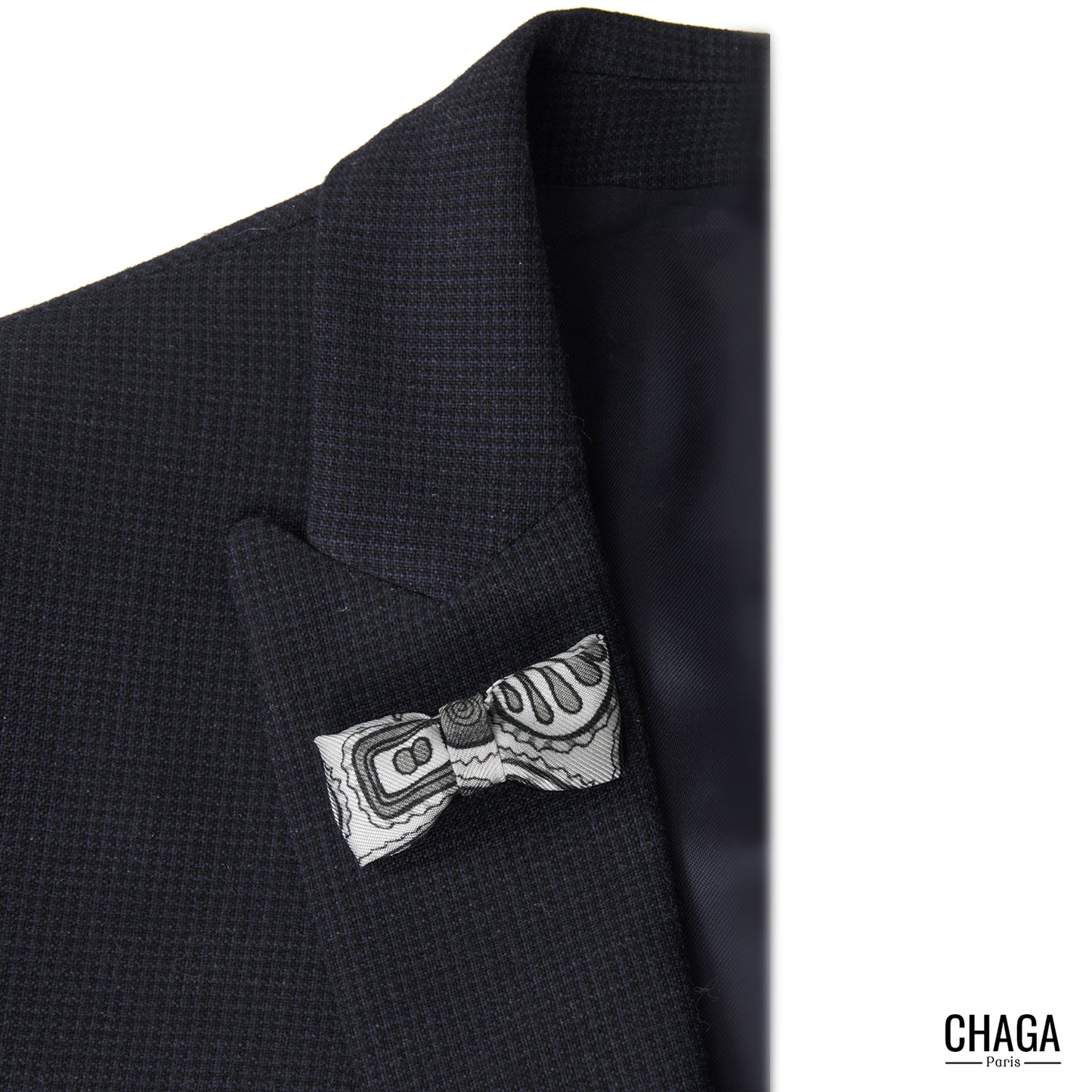 Noeud papillon en soie blazer CHAGA Paris - Motif Gourmandises noir et blanc