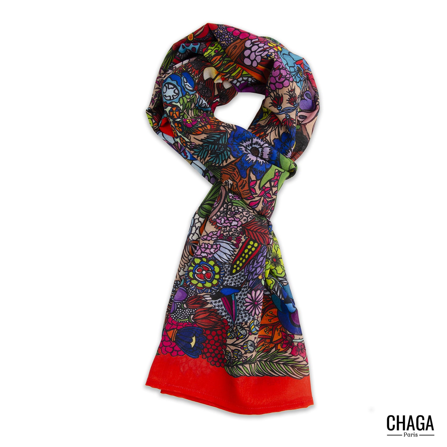 Foulard en voile léger 170 X 70 CHAGA Paris - Motif Jungle rouge