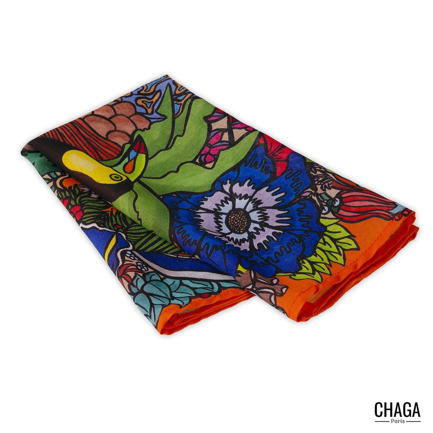 Foulard en voile léger 47 X 47 CHAGA Paris - Motif Toucan orange