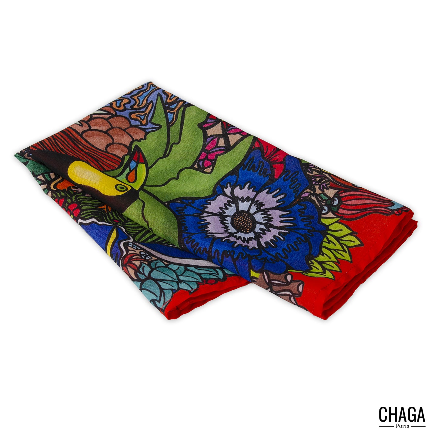 Foulard en voile léger 47 X 47 CHAGA Paris - Motif Toucan rouge