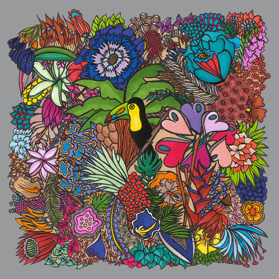 Foulard en voile léger 47 X 47 CHAGA Paris - Motif Toucan gris