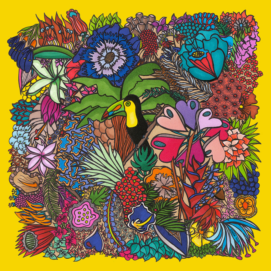 Foulard en voile léger 47 X 47 CHAGA Paris - Motif Toucan jaune