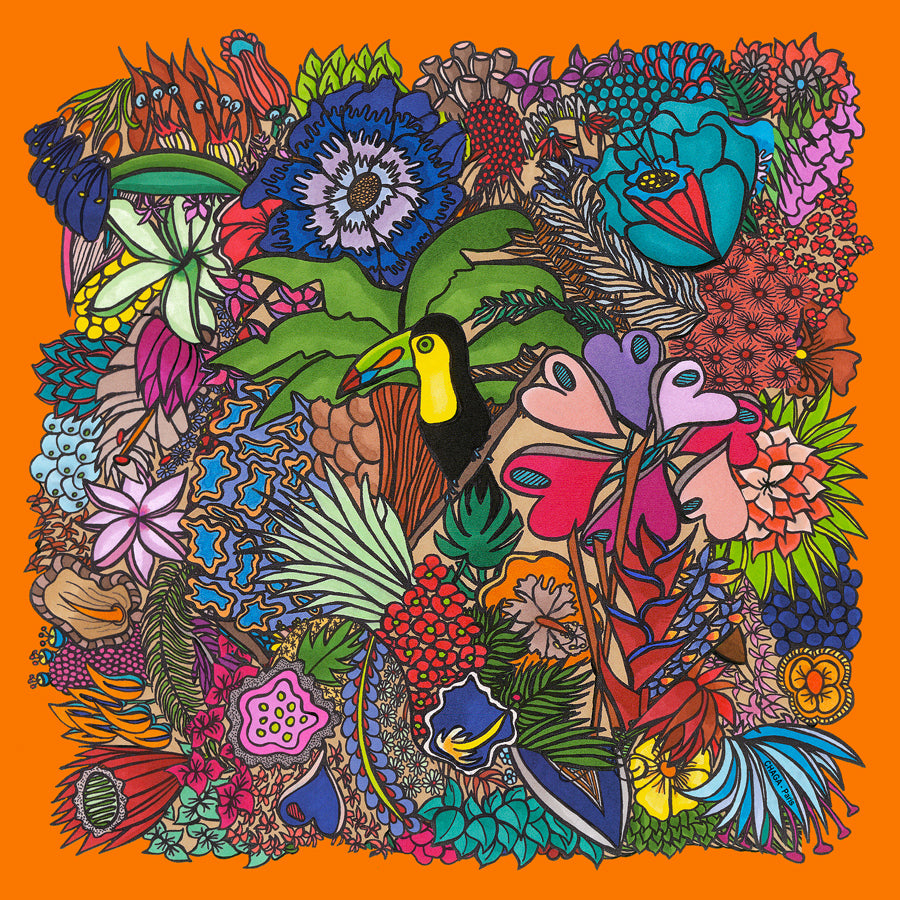 Foulard en voile léger 47 X 47 CHAGA Paris - Motif Toucan orange