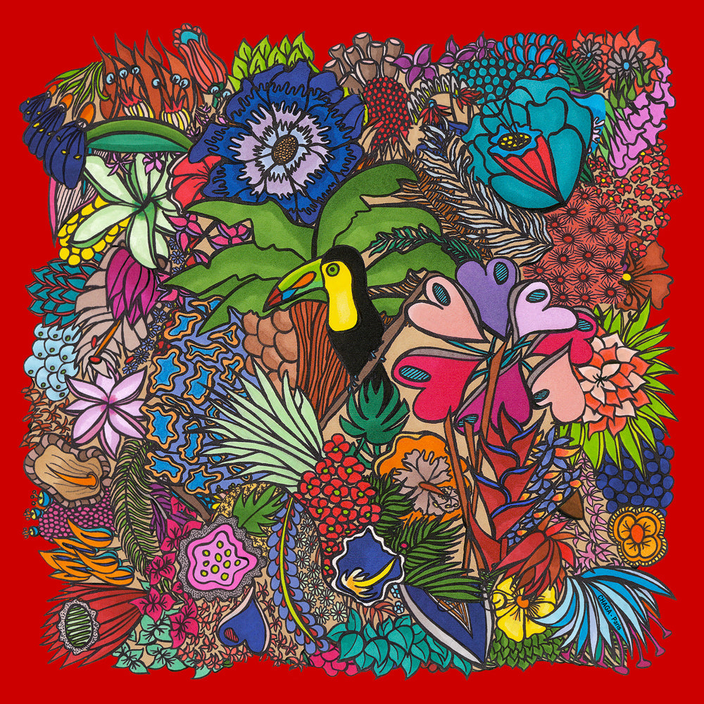 Foulard en voile léger 47 X 47 CHAGA Paris - Motif Toucan rouge