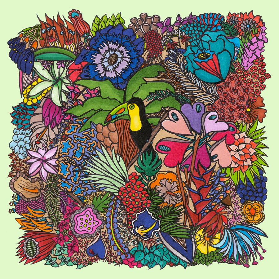 Foulard en voile léger 47 X 47 CHAGA Paris - Motif Toucan vert d'eau
