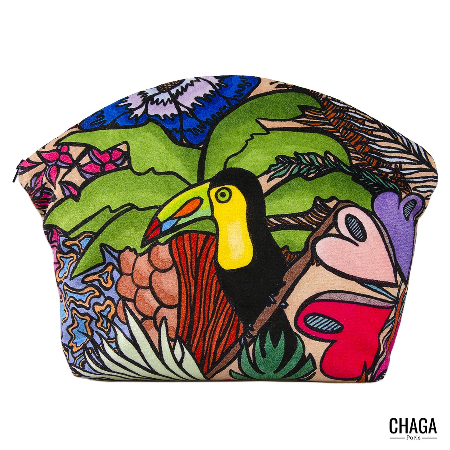 Pochette large en velours CHAGA Paris - Motif Toucan