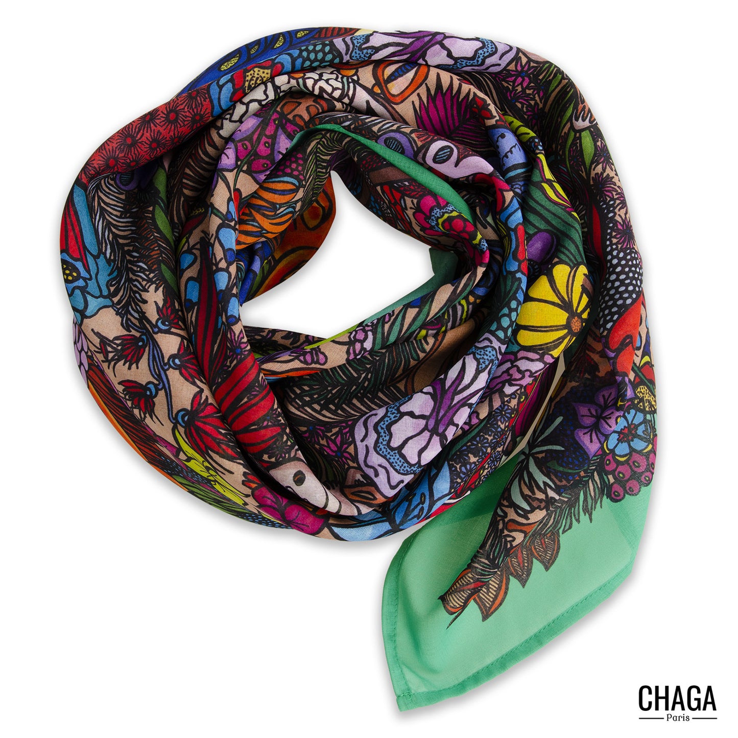 Foulard en voile léger 145 X 145 CHAGA Paris - Motif Jungle vert clair