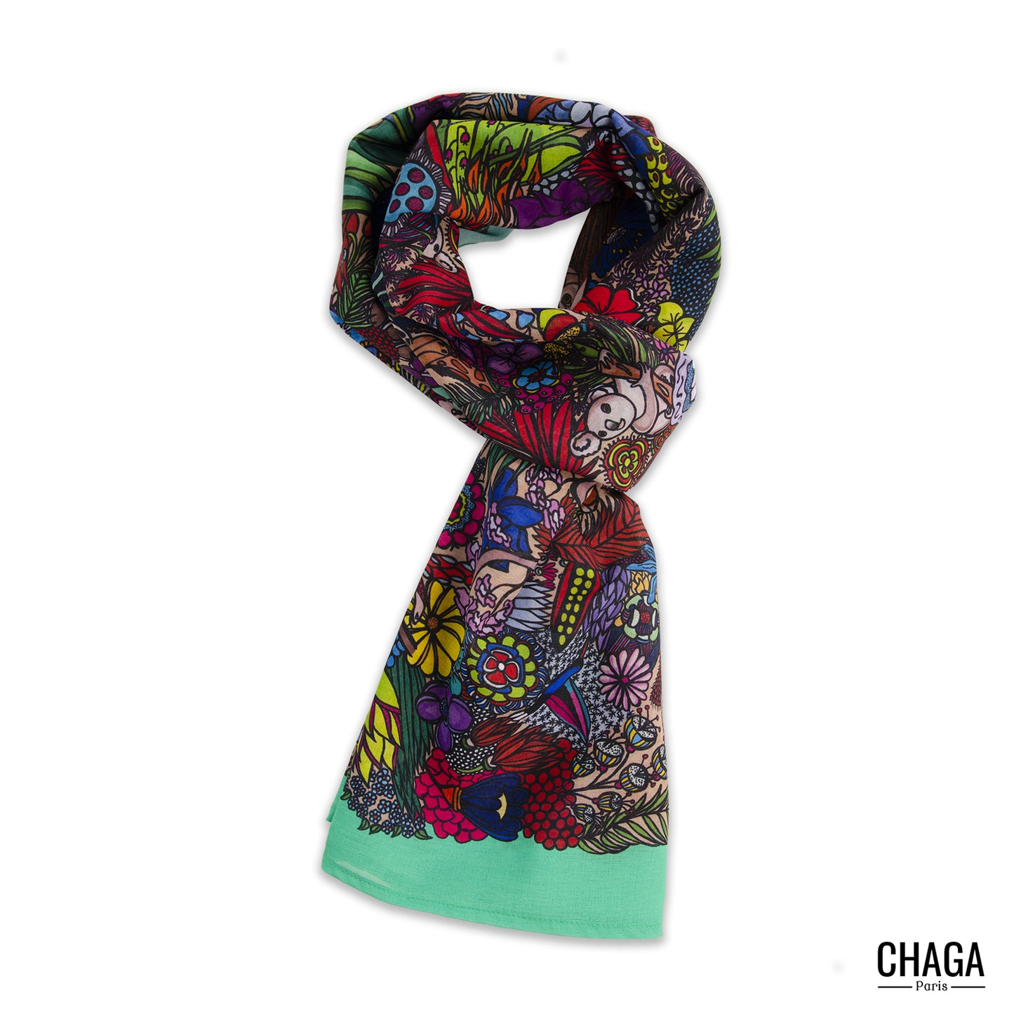 Foulard en voile léger 170 X 70 CHAGA Paris - Motif Jungle vert clair