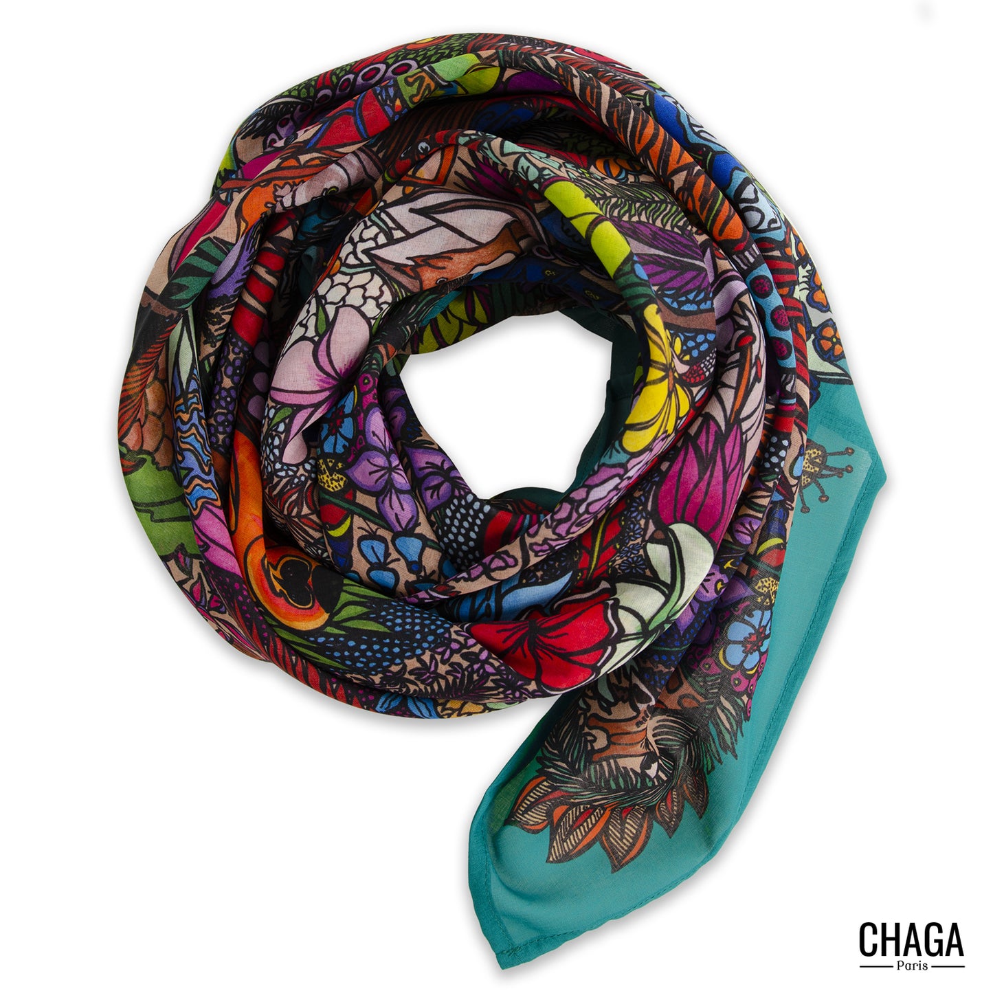 Foulard en voile léger 145 X 145 CHAGA Paris - Motif Jungle vert original