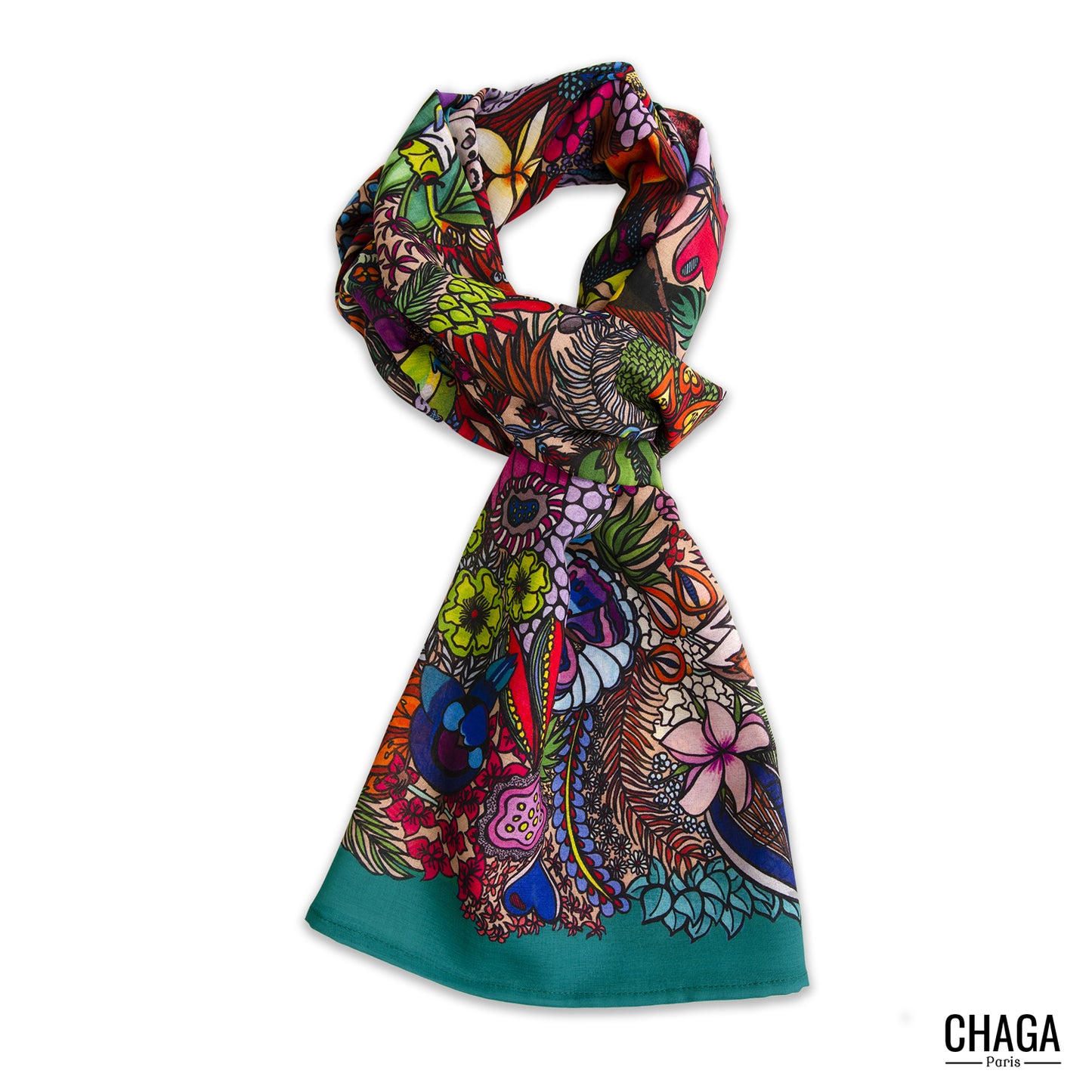 Foulard en voile léger 170 X 70 CHAGA Paris - Motif Jungle vert original