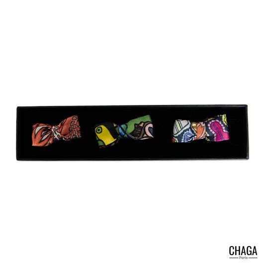 Coffret 3 Noeuds papillon en soie blazer CHAGA Paris - Motif Nénusphères Jungle Gourmandises marine