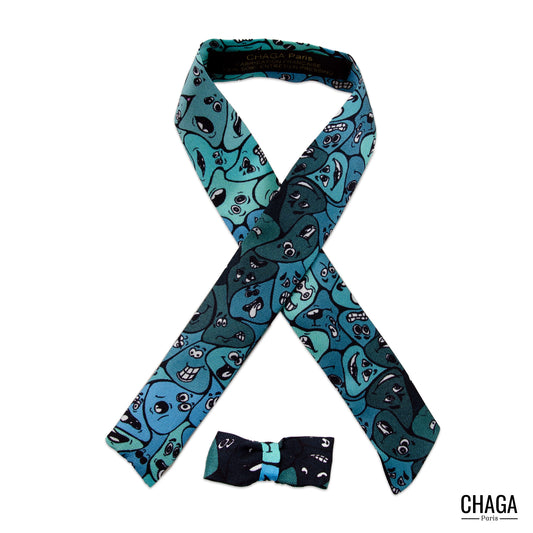 Coffret Twilly petit noeud papillon en soie unisexe CHAGA Paris - Motif Fleur bleue