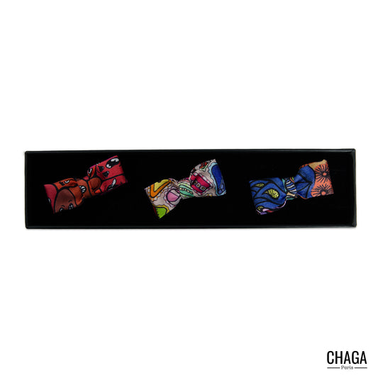 Coffret 3 Noeuds papillon en soie blazer CHAGA Paris - Motif Coquelicot Gourmandises rose clair Jungle