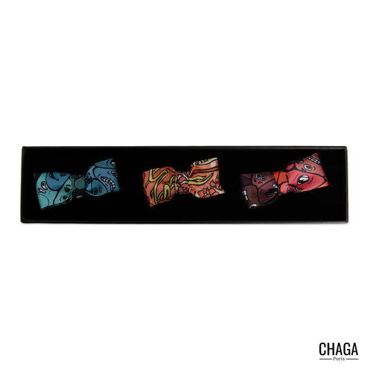 Coffret 3 Noeuds papillon en soie blazer CHAGA Paris - Motif Fleur bleue Nénusphères Coquelicot