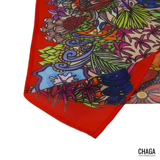 Foulard en voile léger 47 X 47 CHAGA Paris - Motif Grenouille rouge