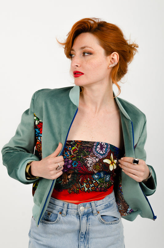 Bomber unisexe velours et soie CHAGA Paris - Motif Jungle et vert uni