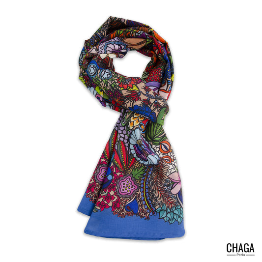 Foulard en voile léger 170 X 70 CHAGA Paris - Motif Jungle bleu jeans