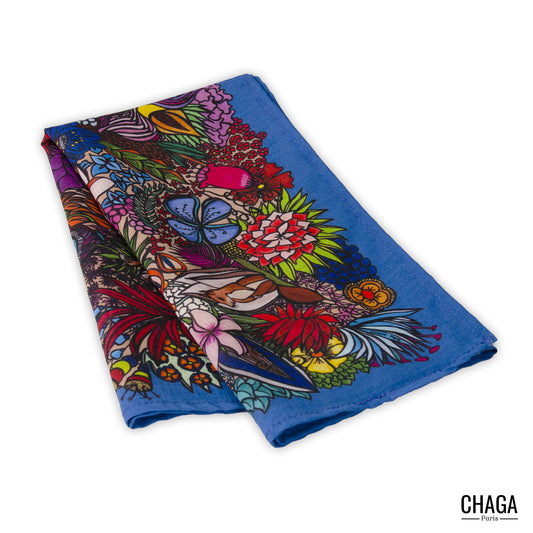 Foulard en voile léger 47 X 47 CHAGA Paris - Motif Jungle bleu jeans