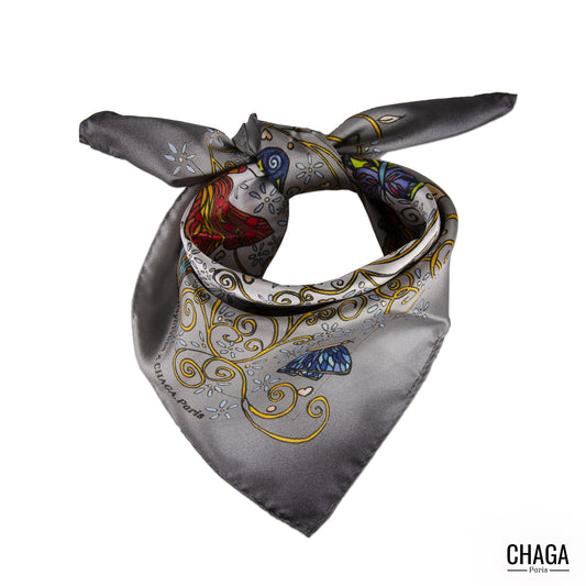 Carré de soie femme 45 CHAGA Paris - Motif Chagaline gris