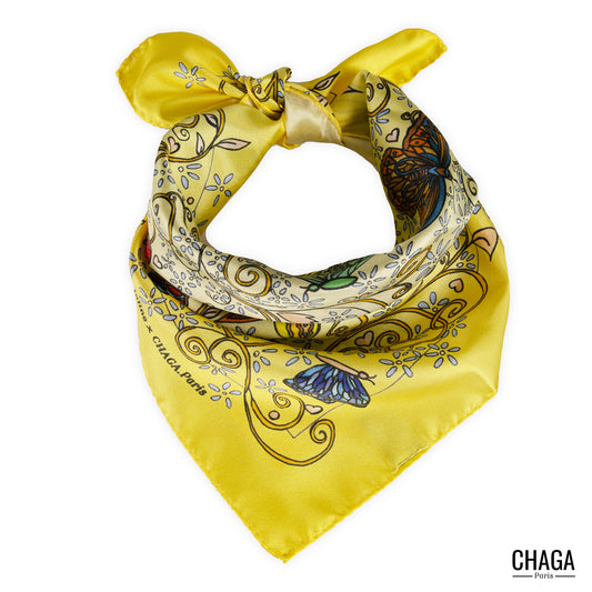 Carré de soie femme 45 CHAGA Paris - Motif Chagaline jaune