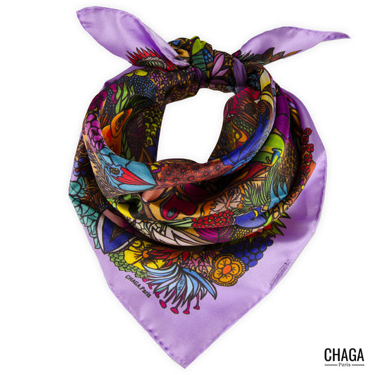 Carré de soie femme 45 CHAGA Paris - Motif Jungle lilas