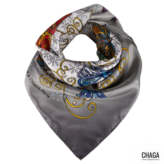Carré de soie femme 90 CHAGA Paris - Motif Chagaline gris