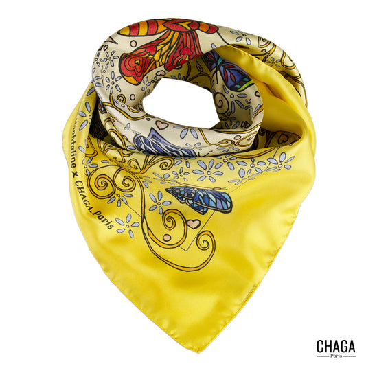Carré de soie femme 90 CHAGA Paris - Motif Chagaline jaune