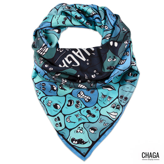 Carré de soie femme 90 CHAGA Paris - Motif Fleur bleue