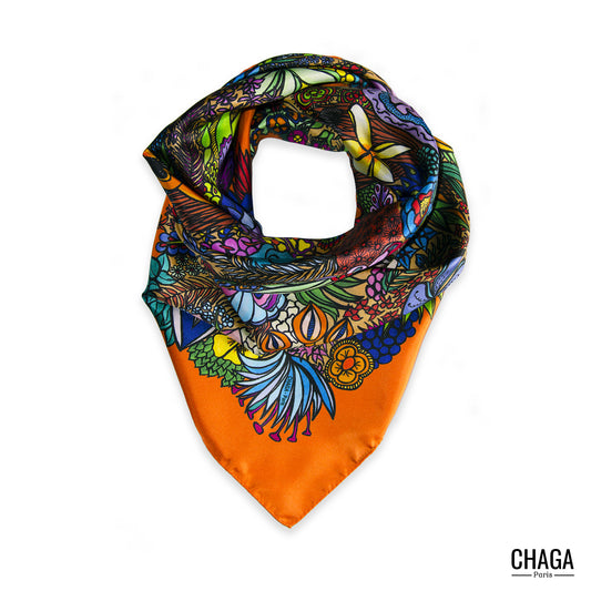 Carré de soie femme 90 CHAGA Paris - Motif Jungle orange