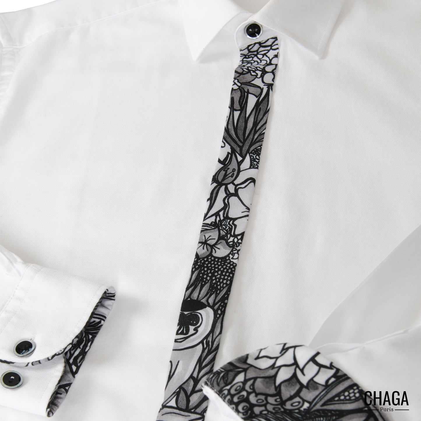 Chemise homme en coton blanc CHAGA Paris - Motif Jungle noir et blanc