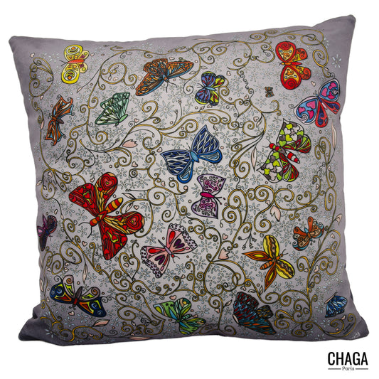 Coussin de créateur en velours CHAGA Paris - Motif Chagaline gris