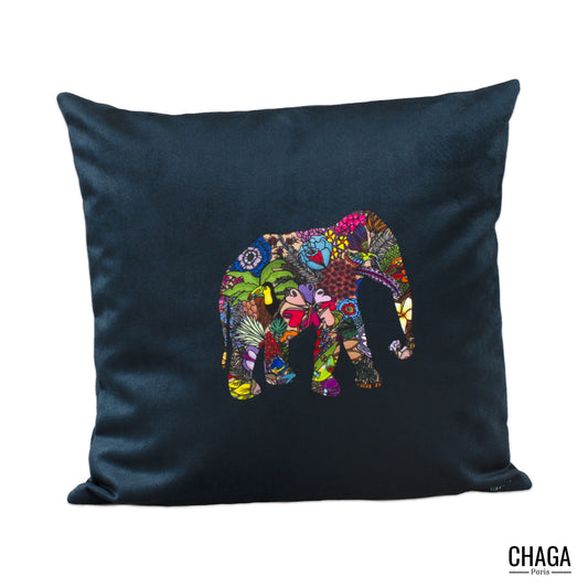 Coussin de créateur en velours CHAGA Paris - Motif Eléphant jungle bleu