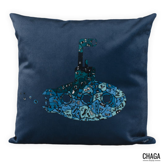 Coussin de créateur en velours CHAGA Paris - Motif Fleur bleue sous-marin