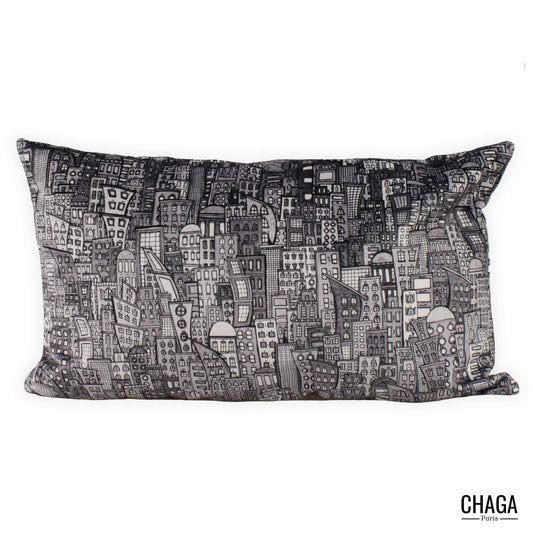 Coussin de créateur en velours CHAGA Paris - Motif Ville noir et blanc
