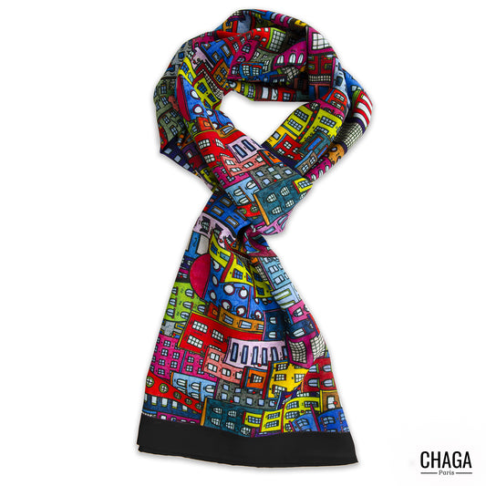Foulard en voile léger 170 X 70 CHAGA Paris - Motif Ville noir