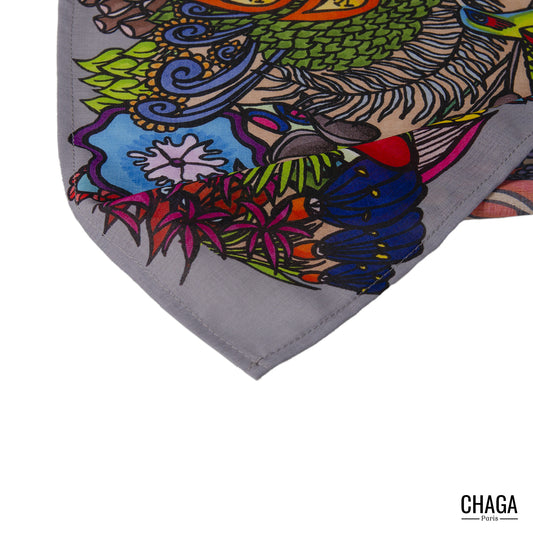 Foulard en voile léger 47 X 47 CHAGA Paris - Motif Colibri gris