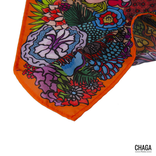 Foulard en voile léger 47 X 47 CHAGA Paris - Motif Colibri orange