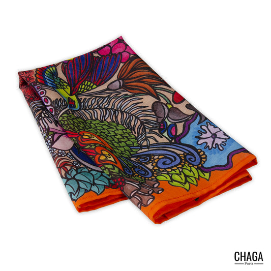 Foulard en voile léger 47 X 47 CHAGA Paris - Motif Colibri orange