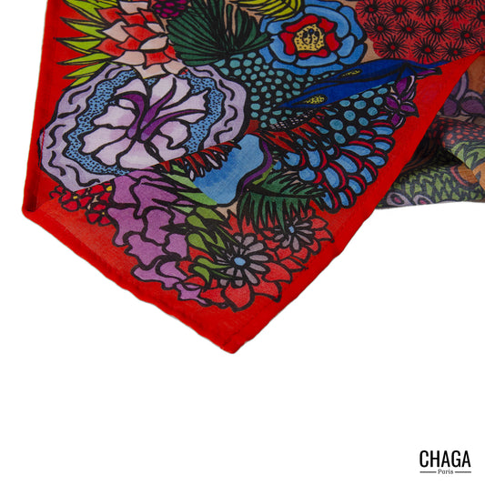 Foulard en voile léger 47 X 47 CHAGA Paris - Motif Colibri rouge