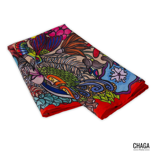 Foulard en voile léger 47 X 47 CHAGA Paris - Motif Colibri rouge