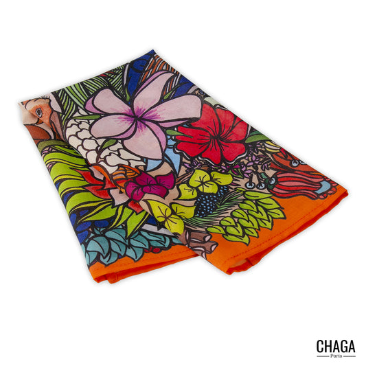 Foulard en voile léger 47 X 47 CHAGA Paris - Motif Ecureuil orange